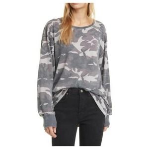 New We The Free People Small Arielle Camo Print Top Long Sleeve Charcoal Gray